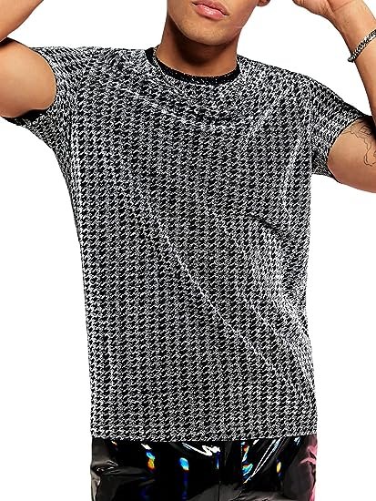 Men's Metallic Rave Shirt Short Sleeve Crewneck Pullover Party Top