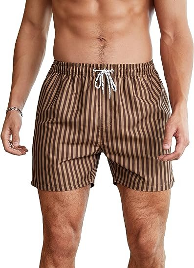 Men's Drawstring Waist Swim Trunks Striped Print Pocket Shorts