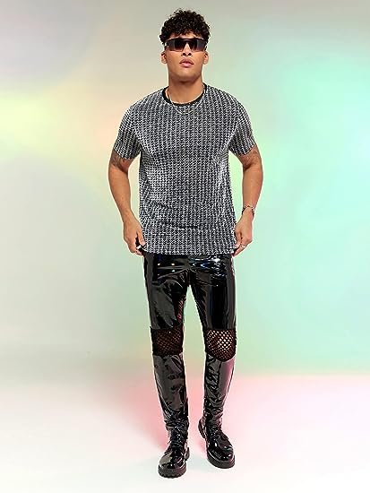 Men's Metallic Rave Shirt Short Sleeve Crewneck Pullover Party Top